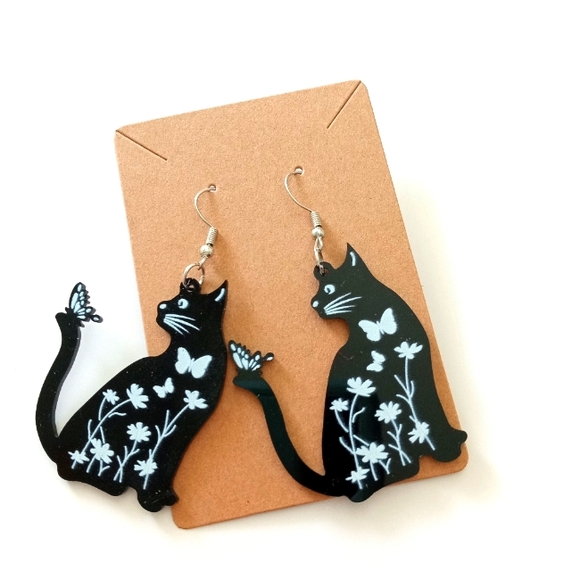 Jewelry - Black Cat Earrings with Floral Design